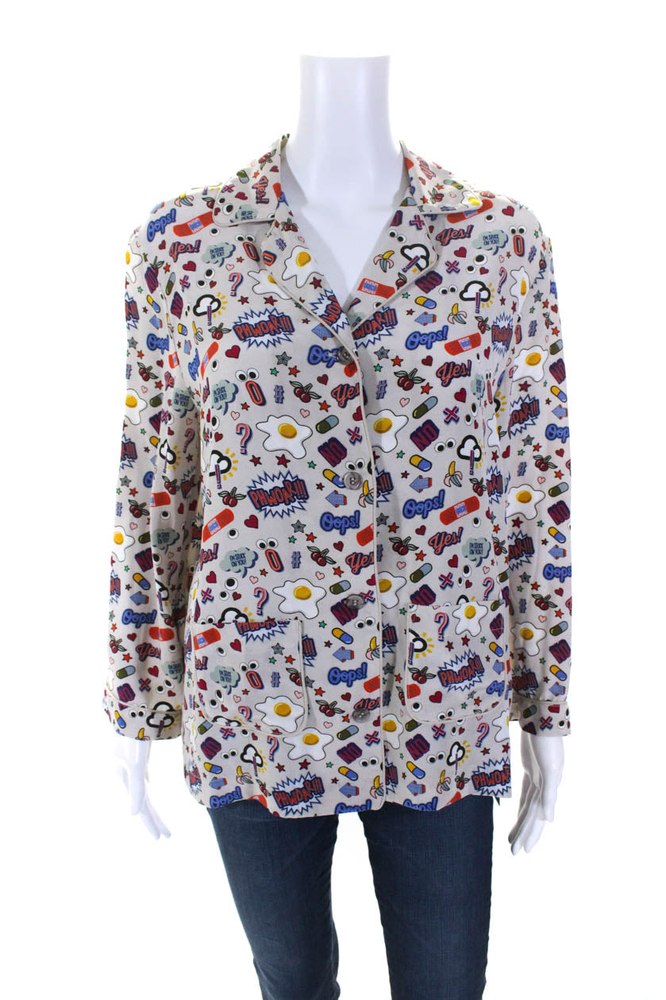 Anya Hindmarch Womens Button Front All Over Stickers Silk Shirt White 7833280708668