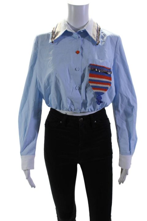 Dice Kayek Womens Cotton Long Sleeve Cropped Button Down Shirt Top Blue 7833282969660