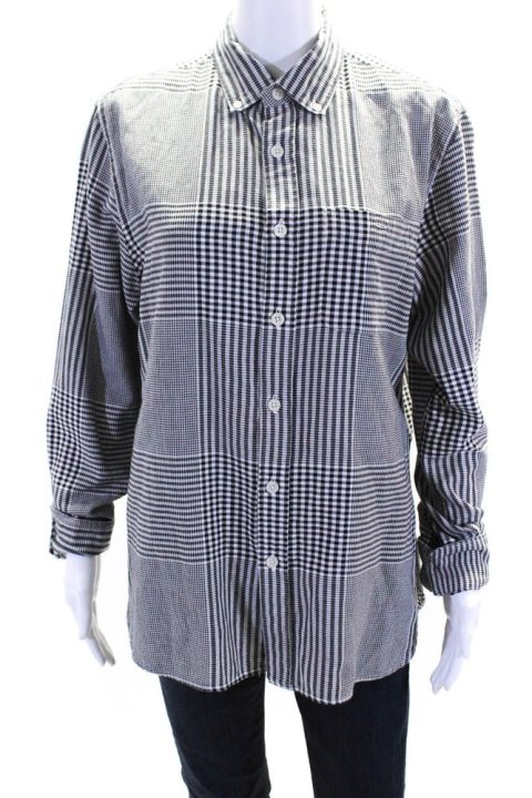 Todd Snyder Womens Plaid Long Sleeved Button Down Shirt Black White 7833284640828