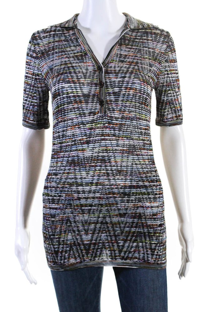 Missoni Womens Collared V Neck Striped Short Sleeve Blouse Top Multi 7833286443068
