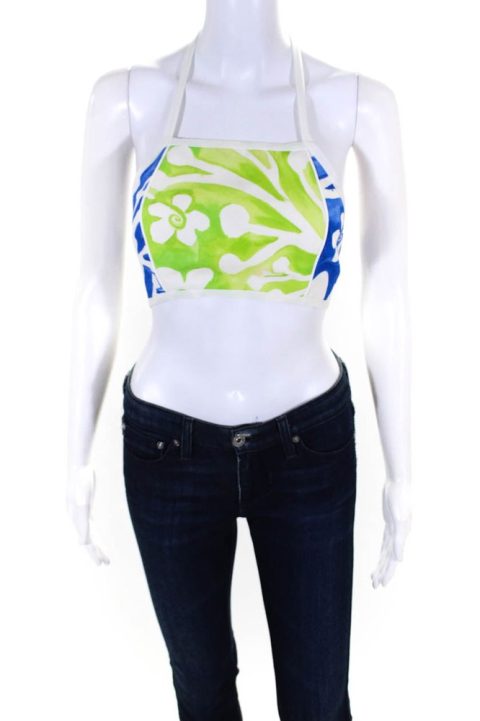 Rosie Assoulin Womens O’Delia Floral Halter Crop Top Blouse Blue Green 7833290407996