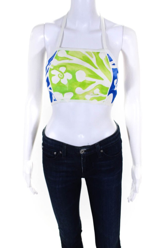 Rosie Assoulin Womens O’Delia Floral Halter Crop Top Blouse Blue Green 7833290407996