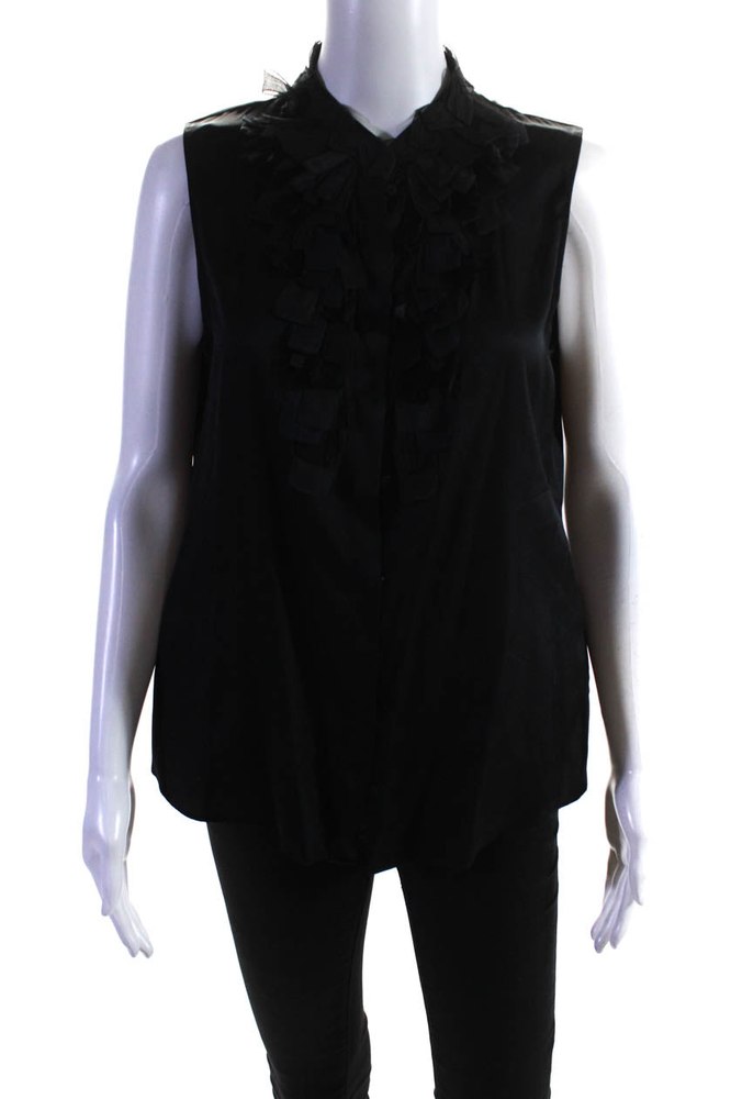 Elie Tahari Womens Silk Button Down Ruffled Front Tank Top Black 7833285787708
