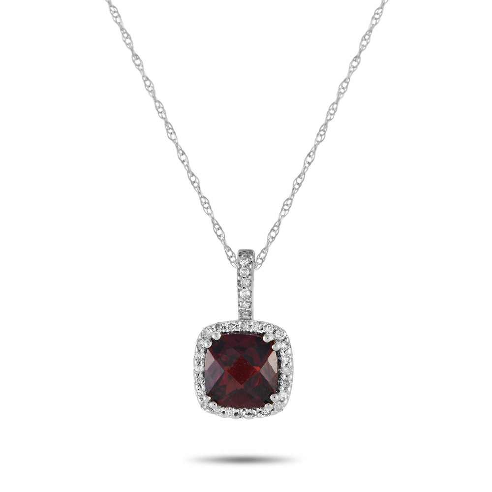 LB Exclusive 14K White Gold 0.09ct Diamond and Garnet Pendant Necklace PD4-16269WGA