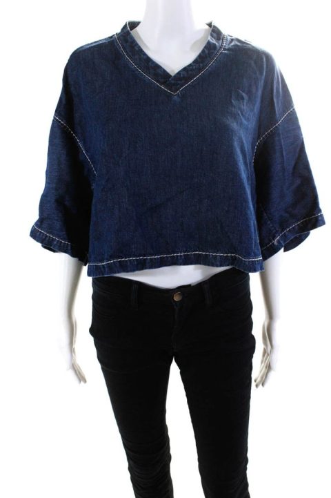 Bottega Veneta Womens Fluid Denim Chambray Top Stitched V-Neck Crop Top Blouse Blue 7833292636220