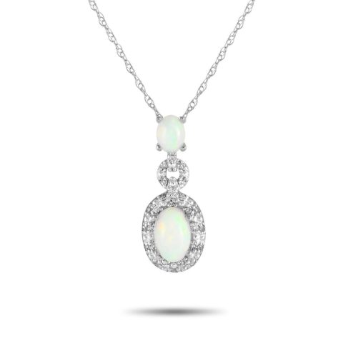 LB Exclusive 14K White Gold 0.08ct Diamond and Opal Pendant Necklace PD4-16183WOP