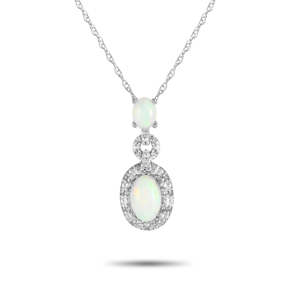 LB Exclusive 14K White Gold 0.08ct Diamond and Opal Pendant Necklace PD4-16183WOP