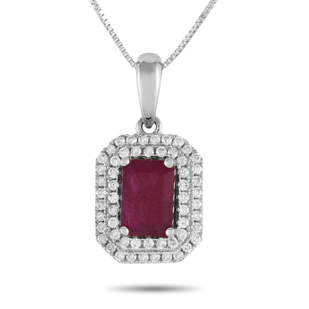 LB Exclusive 14K White Gold 0.24ct Diamond and Emerald-Cut Ruby Necklace PD4-15905WRU