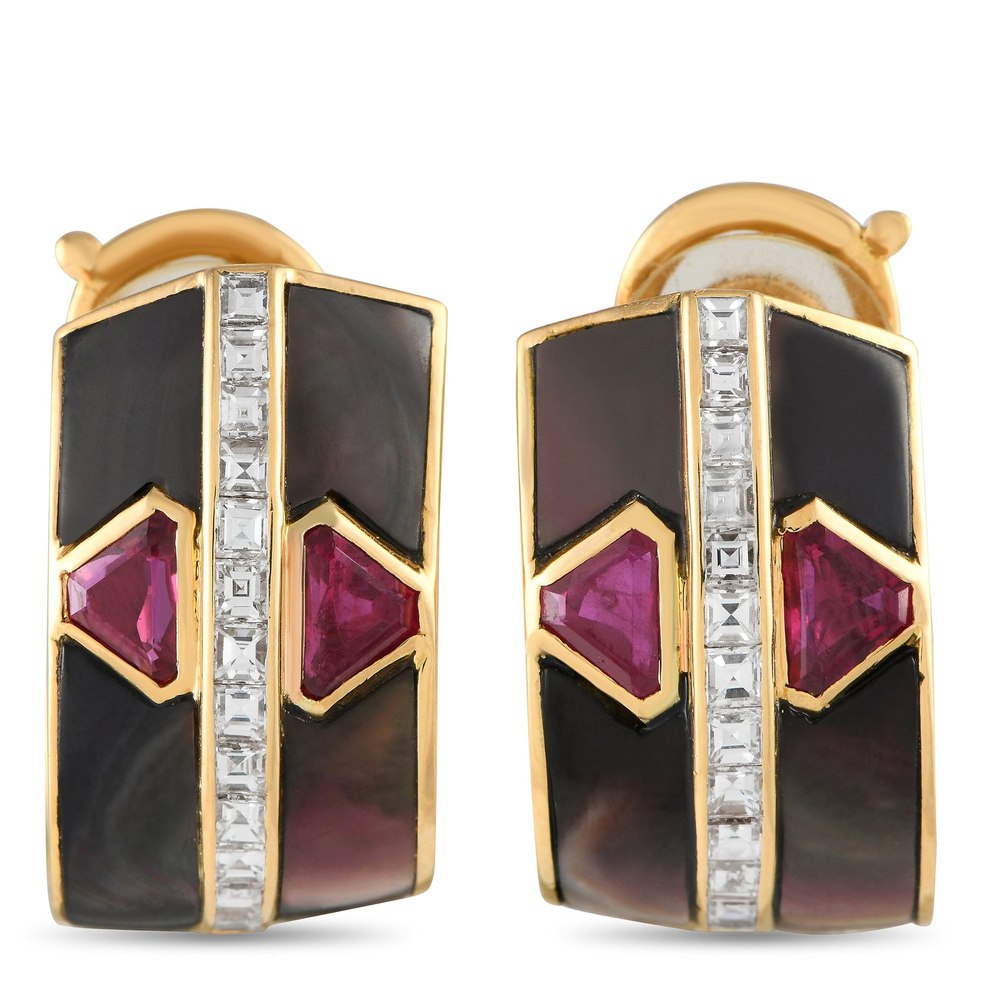 Piaget 18K Yellow Gold 0.85ct Diamond, Ruby, and Mother of Pearl Clip-On Earrings VC12-120523