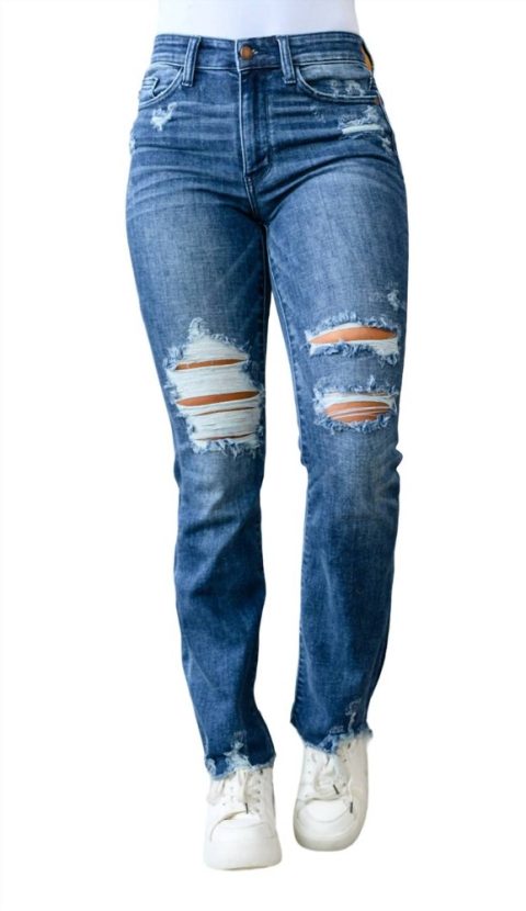 High Contrast Slim Bootcut Destroyed Jeans In Dark Wash 7704795643964