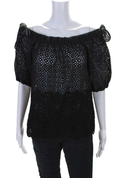 Sharis Women’s Off The Shoulder Eyelet Short Sleeves Blouse Black 7833299320892