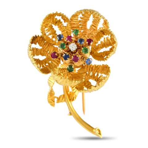LB Exclusive Vintage French 18K Yellow Gold Diamond, Emerald, Rubies, and Sapphire Floral Brooch MF04-070824 7705565921340