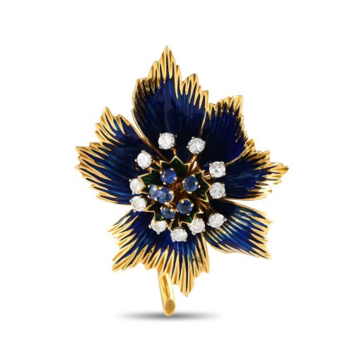Cartier Vintage 18K Yellow Gold 1.76ct Diamond, Sapphire, and Enamel Brooch CA09-070824 7705566347324