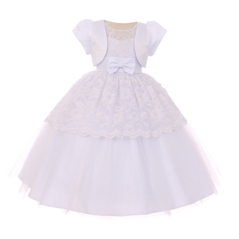 Baby Girls White Satin Belt Bow Bolero Christening Dress 9-12M