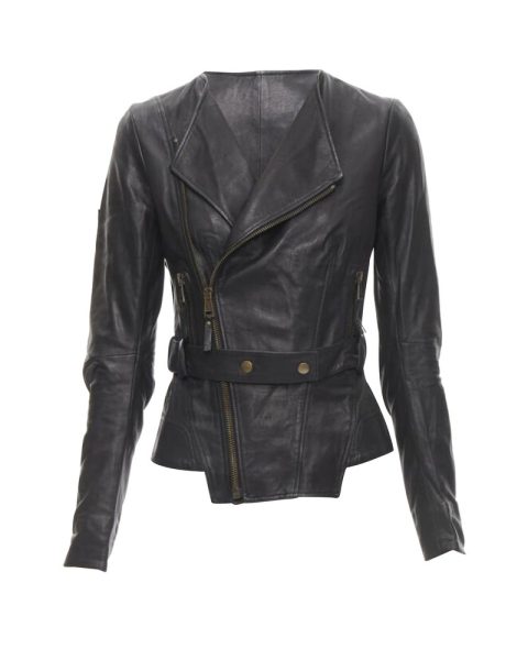 BALENCIAGA 2009 black lambskin leather asymmetric collar biker jacket 7705713934396