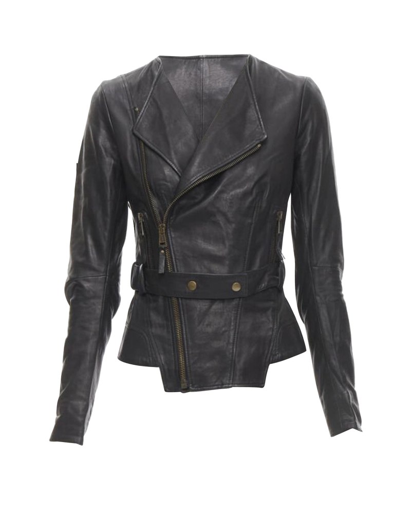 BALENCIAGA 2009 black lambskin leather asymmetric collar biker jacket 7705713934396