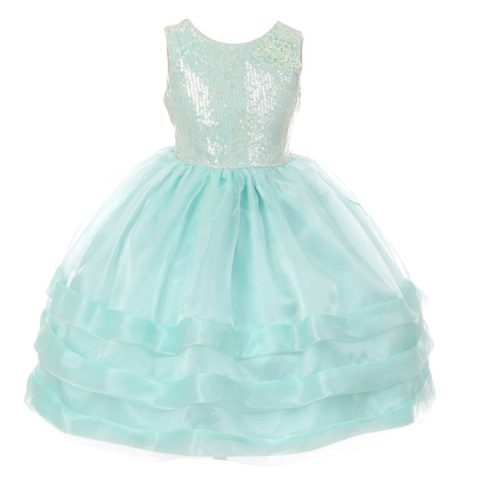 Big Girls Aqua Sequin Lace Organza Junior Bridesmaid Dress 8-12