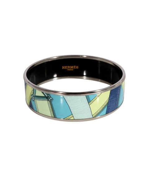 Hermès Plated Cavalcadour Turquoise Wide Enamel Bangle (59mm) 7705716490300