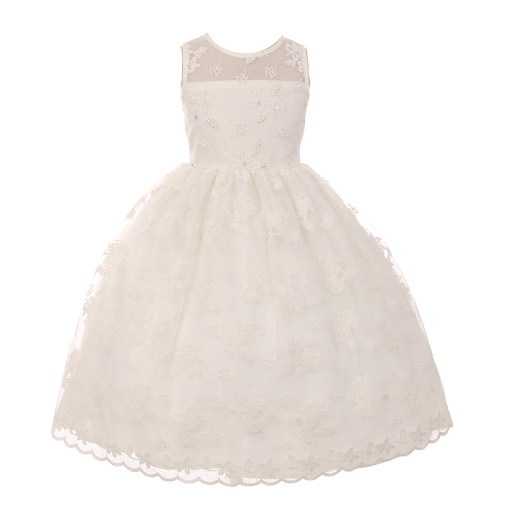 Big Girls Ivory Lace Pearl Adorned Junior Bridesmaid Easter Dress 8-12