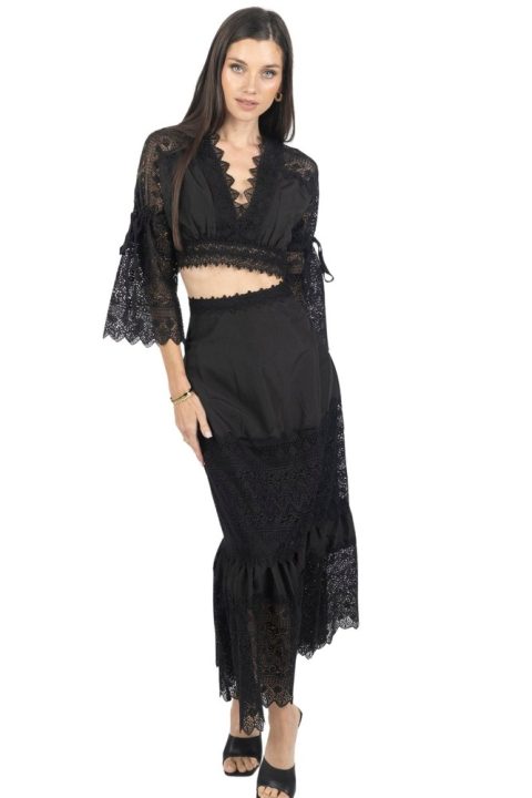 Emily Guipure Lace Top & Maxi Skirt Set In Black 7705919881276