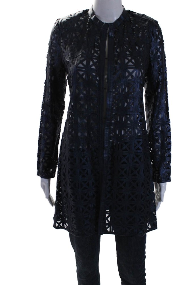 In Transit 2 Womens Navy Leather Mesh Crew Neck Long Sleeve Jacket 7833397035068