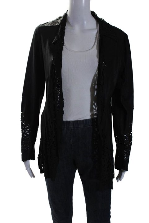 Sharis Place Womens Black Suede Leather Cut Out Long Sleeve Jacket 7833397493820