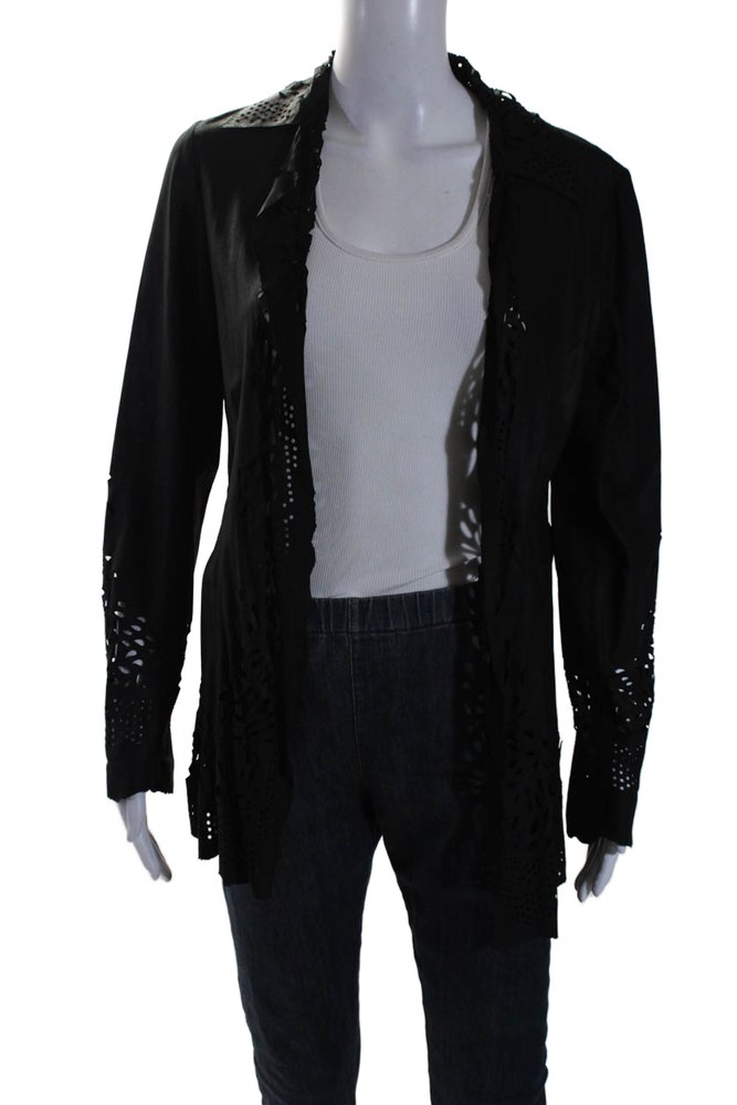 Sharis Place Womens Black Suede Leather Cut Out Long Sleeve Jacket 7833397493820