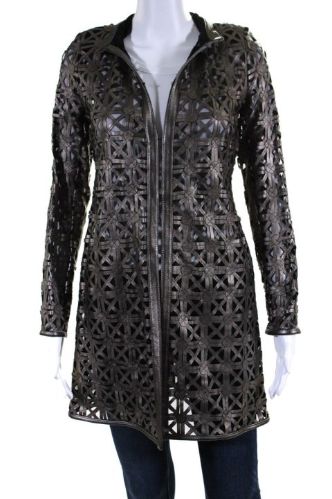 In Transit Womens Laser Cut Metallic Mesh Leather Jacket Brown Black 7833409290300