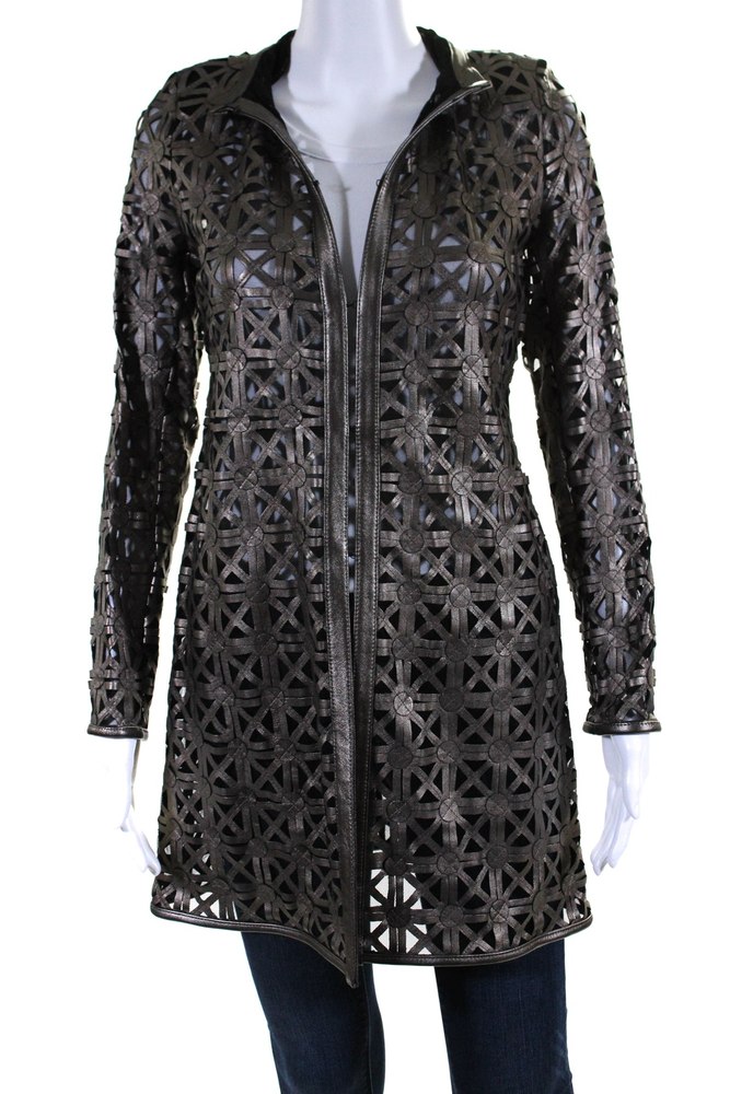 In Transit Womens Laser Cut Metallic Mesh Leather Jacket Brown Black 7833409290300