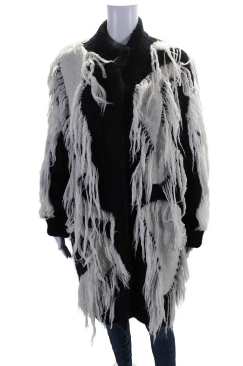 Salvatore Ferragamo Womens Black White Fringe Textured Long Sleeve Jacket 7833407422524