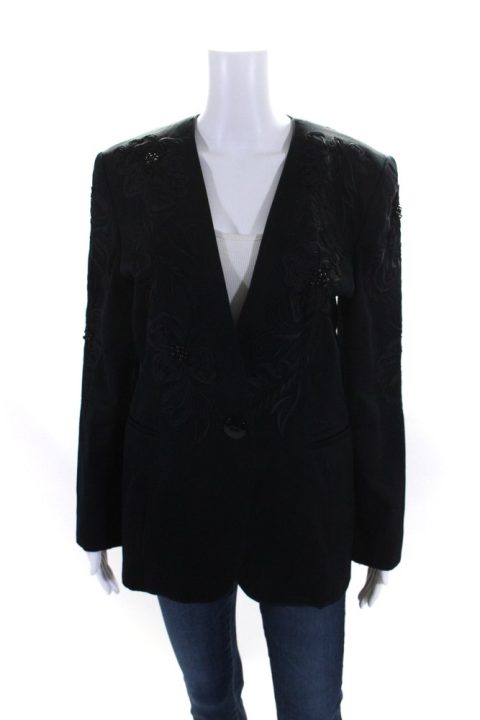 Escada Margaretha Ley Womens Single Button Embroidered Jacket Navy 7833409683516
