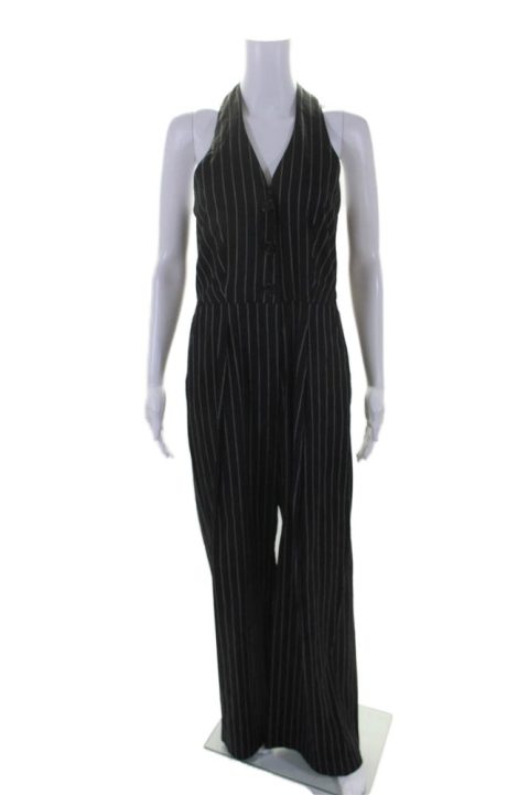 Marella Womens Linen Striped Sleeveless Buttoned Straight Jumpsuit Black 7833413386300