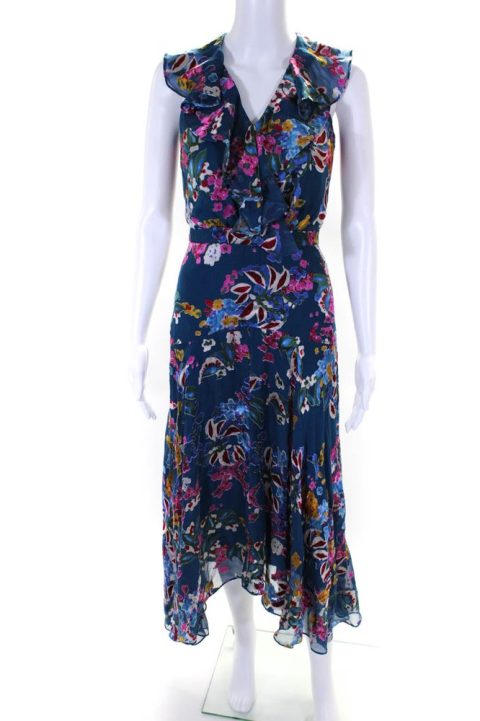 Saloni Womens Silk Blend Floral Print Sleeveless V Neck Maxi Dress Blue 7833451200572