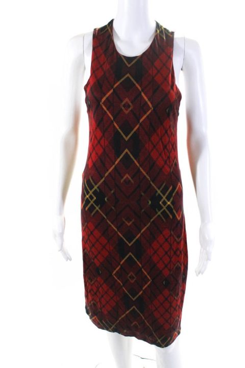 Alexander McQueen Womens Plaid Sleeveless Knee Length Shift Dress Red 7833449988156