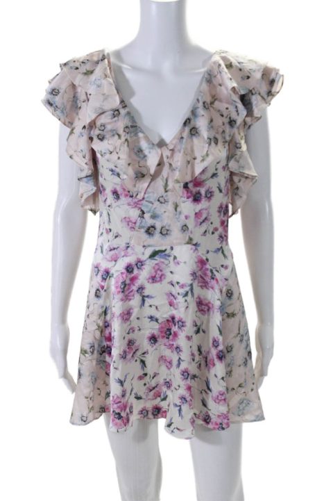 Love Shack Fancy Womens Silk Floral Print Short Sleeve Mini Dress Pink 7833442222140