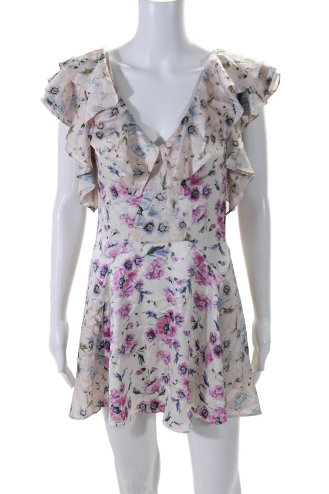 Love Shack Fancy Womens Silk Floral Print Short Sleeve Mini Dress Pink 7833442222140