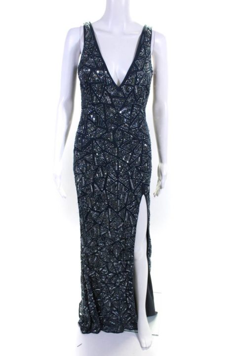 Mac Duggal Womens Blue Beaded Sequins V-Neck Zip Back Slits Gown Dress 7833428918332