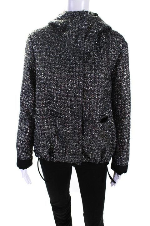 Lis Lareida Womens Disco Metallic Hooded Platinum Tweed Zip Jacket Silver FR 36 7833424134204