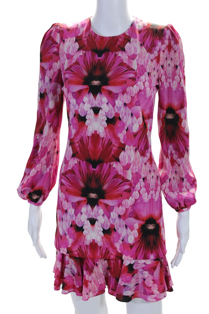 Alexander McQueen Womens Silk Floral Zipped Ruffled Peplum Dress Pink 7833434030140
