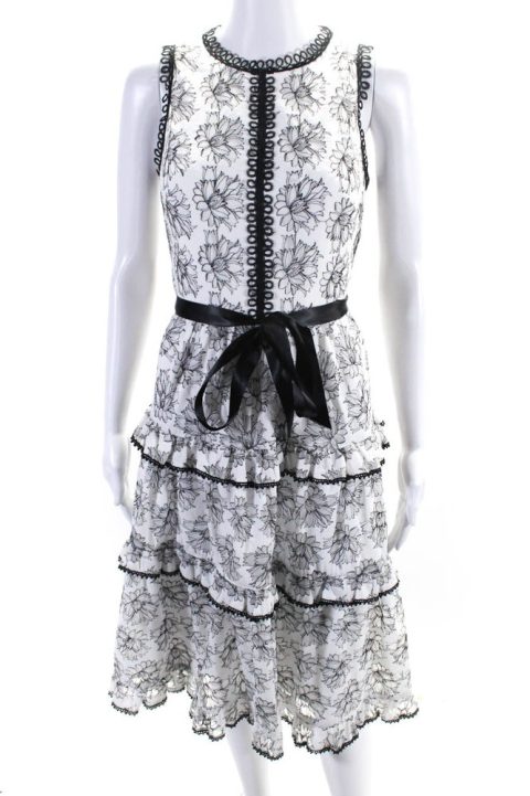 Monique Lhuillier Women’s Sleeveless Lace Trim Tiered Floral Midi Dress 7833434193980