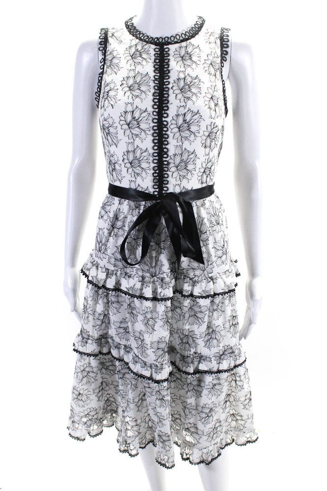 Monique Lhuillier Women’s Sleeveless Lace Trim Tiered Floral Midi Dress 7833434193980