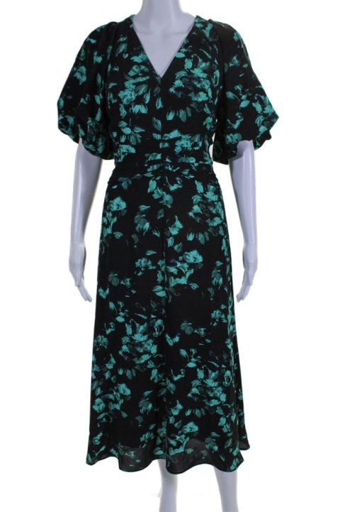 Shoshanna Womens Floral Print V-Neck Short Sleeve Zip Up Maxi Dress Black 7833439076412