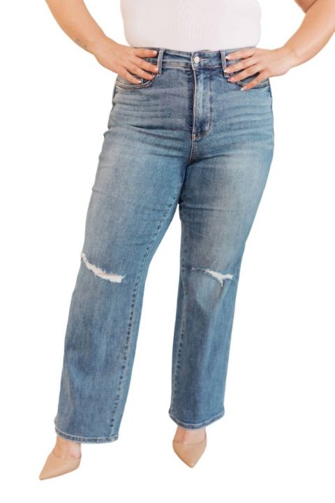 High Rise Control Top Distressed Straight Jeans In Medium Wash 7705986498620