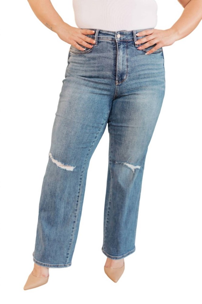 High Rise Control Top Distressed Straight Jeans In Medium Wash 7705986498620
