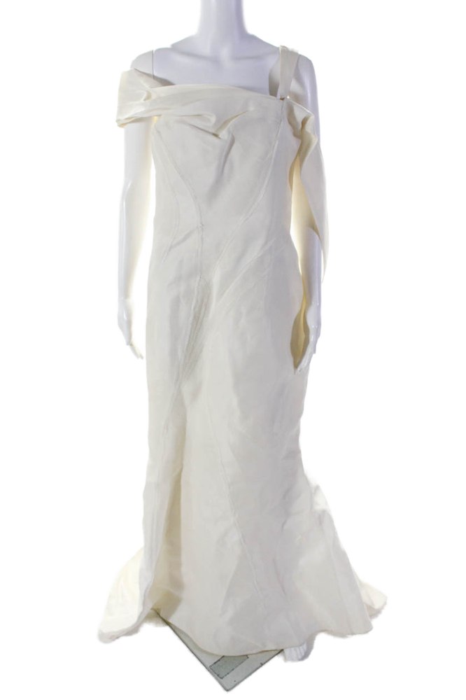J. Mendel Womens Cream Off Shoulder Fringe Detail Sleeveless Gown Dress 7833438519356