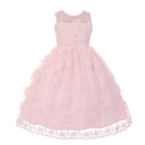 Little Girls Pink Lace Pearl Adorned Flower Girl Easter Dress 2-6