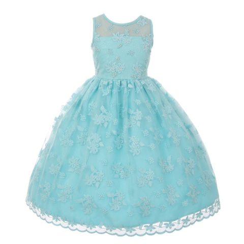 Big Girls Aqua Lace Pearl Adorned Junior Bridesmaid Easter Dress 8-12