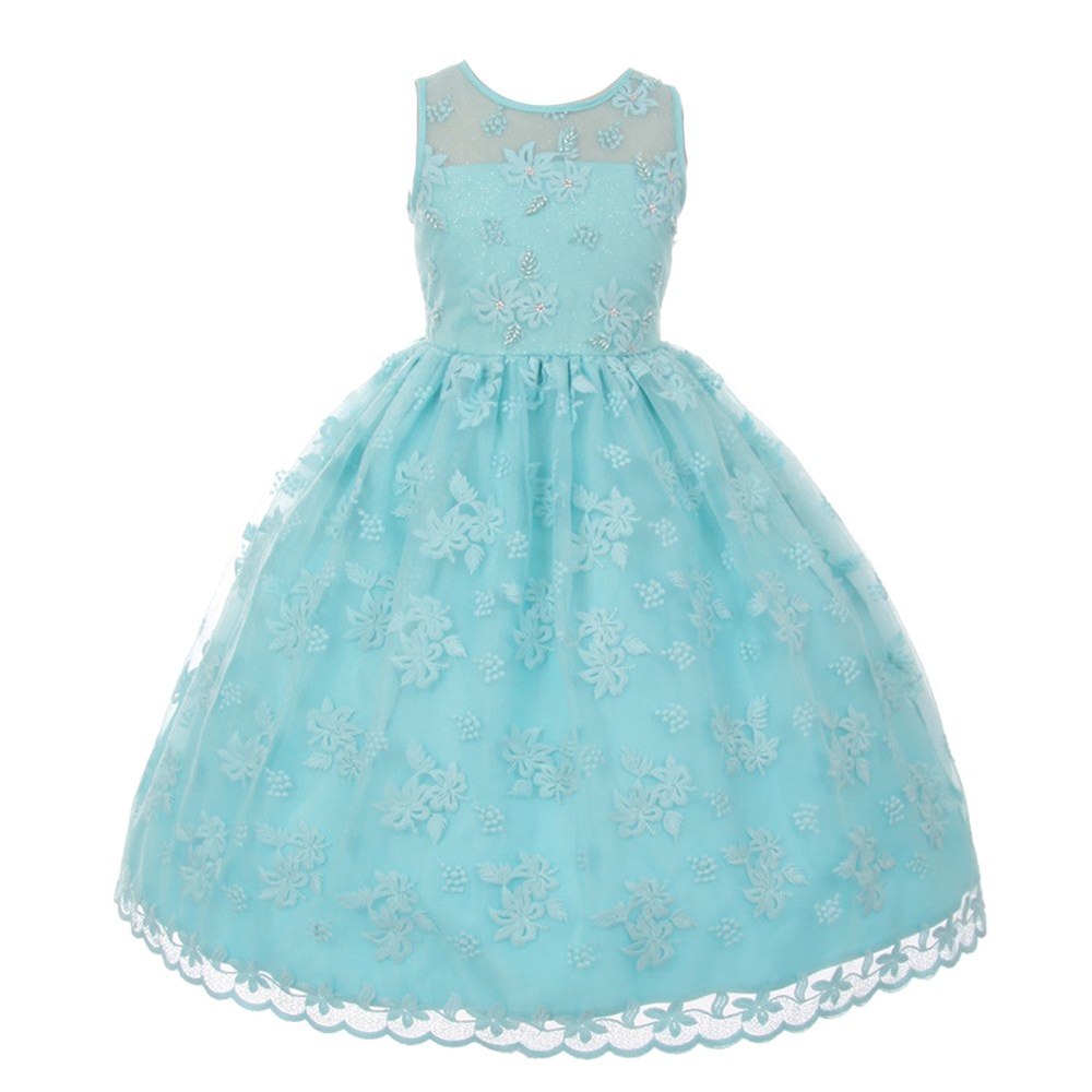 Big Girls Aqua Lace Pearl Adorned Junior Bridesmaid Easter Dress 8-12