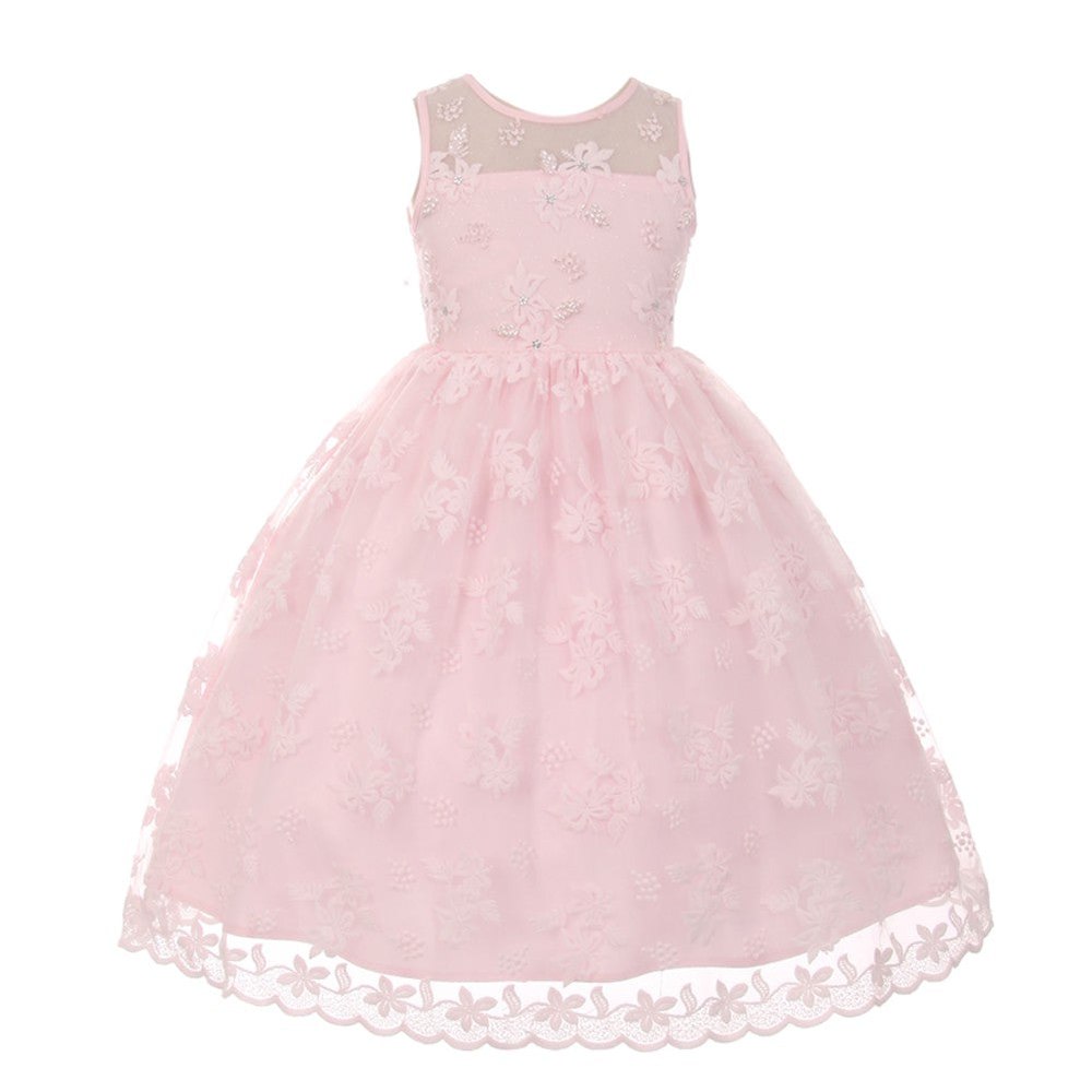 Big Girls Pink Lace Pearl Adorned Junior Bridesmaid Easter Dress 8-12