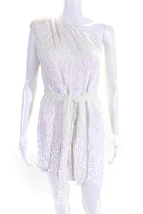 Retrofete Womens Iridescent Sequined One Shoulder Belted Zip Dress White 7833455820860
